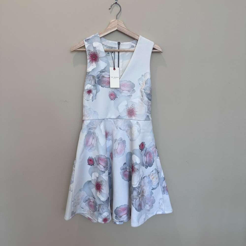 Ted Baker Cream Floral V-Neck Fit & Flare Dress